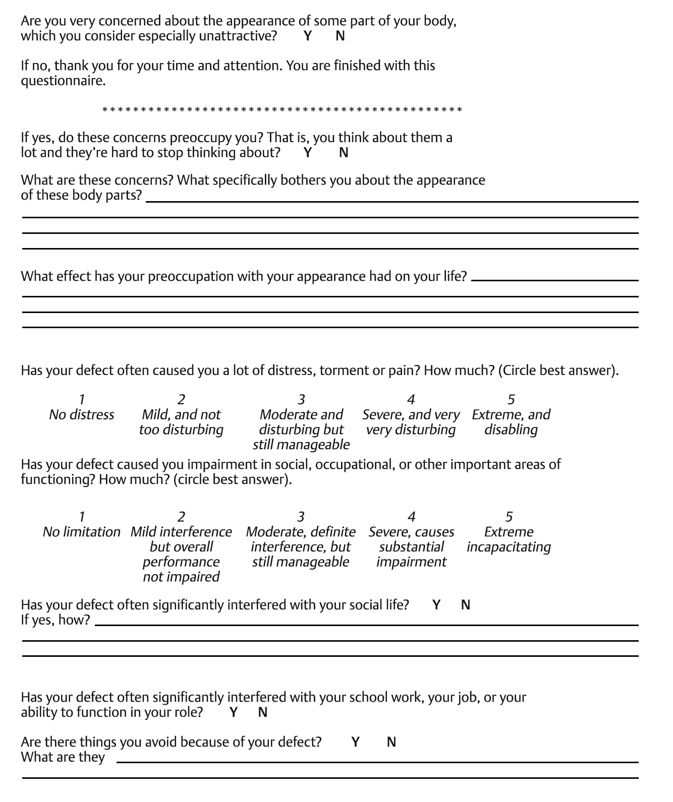 Fig 2. The Body Dysmorphic Disorder Questionnaire as administered: gate items on preoccupation, then 1-to-5 distress and impairment scales, and behavioural-avoidance items.