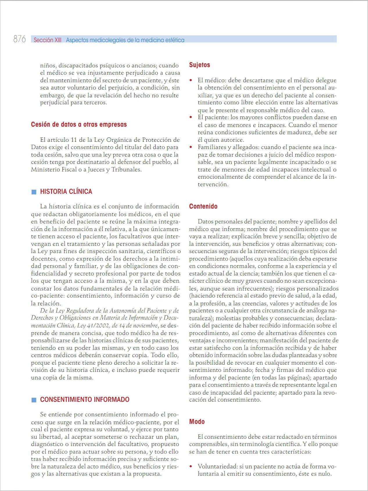 Fig 4. Section XIII "Aspectos medicolegales de la medicina estética": the clinical record and informed-consent content list, including the requirement of date and signatures on every page and separate sections for representation and revocation.
