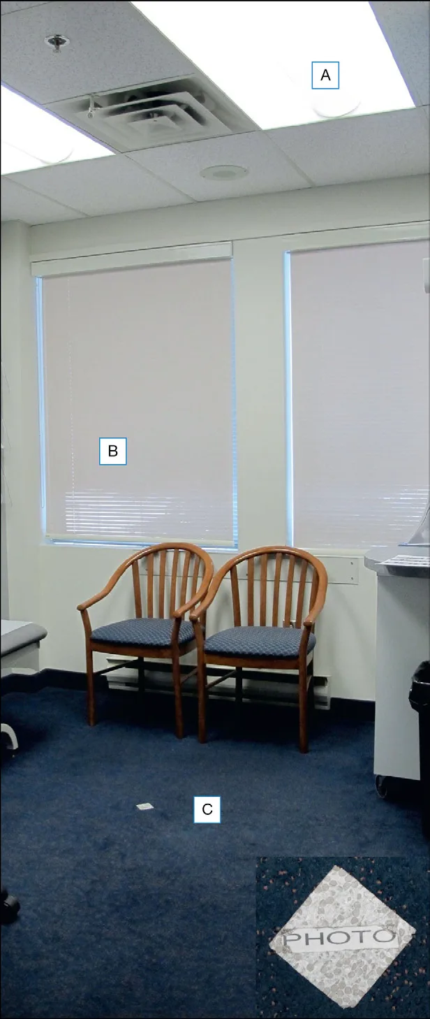 Fig 8. Schematic of a photography room for before/after documentation: overhead fluorescent lighting labelled A, controllable window light labelled B, and a neutral floor labelled C, arranged for consistent, reproducible images.