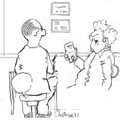 Fig 7. Cartoon (Chapman, 2013): a patient in a gown, seated, asks the aesthetic clinician "Is this procedure evidence-based?" while the clinician reads a document. The question a Spanish aesthetic practitioner should expect and be able to answer with a tag, not a slogan.