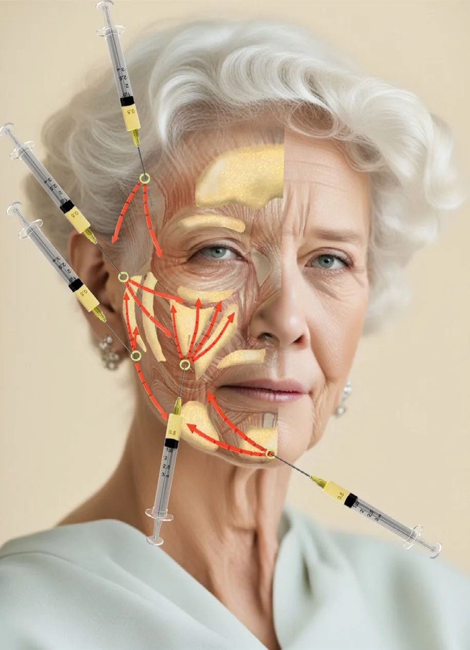 Fig 7. Multiple cannula entry points over a split young/aged face with fan and retrograde vectors distributing product across the superficial fat compartments of the lower face.