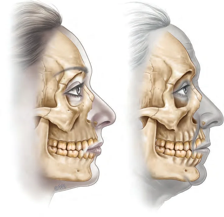 Fig D13-5. Skeletal ageing of the lower third (young, left, vs aged, right): mandibular and midface bone resorption retrudes the profile, blunts the jaw border and opens the cervicomental angle before the soft tissue fails. The neck's "heaviness" often begins in the skeleton, not the fat.