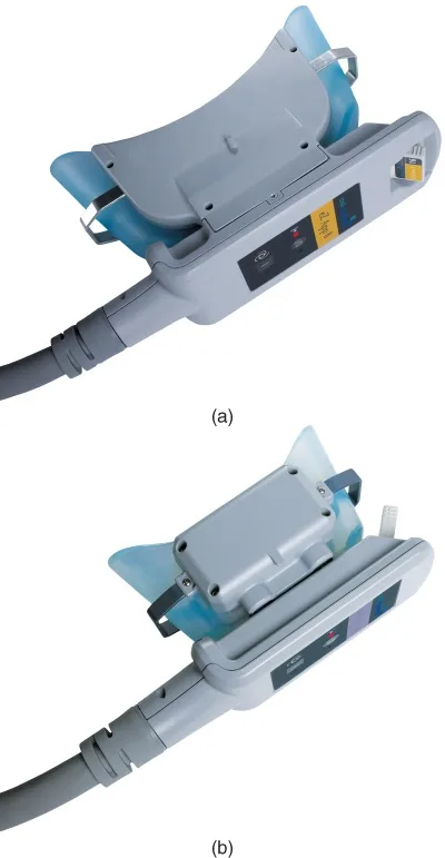 Fig 4. Cryolipolysis vacuum-draw applicators: the tissue is pulled between two cooling panels inside a gel-lined cup; a flat non-vacuum head is used where tissue cannot be drawn (for example the submental CoolMini).