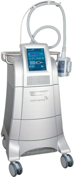 Fig 3. The CoolSculpting console: a cart-mounted cryolipolysis platform with touchscreen cycle control and a vacuum handpiece; the whole dose is temperature and time, set by the applicator, not by the operator's dial.